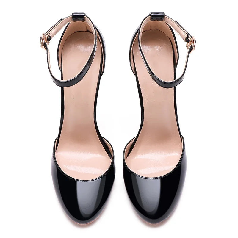 Black Patent Leather Women Ankle Strap Stiletto Pumps 10cm 12cm Professional High Heels Pointed Toe Sexy Summer Buckle Sandals