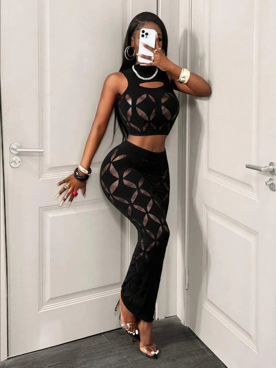 FHSEER Plus Size 2 Piece Women Sexy Mesh Crop Tank High Waist Bodycon Mini Skirt