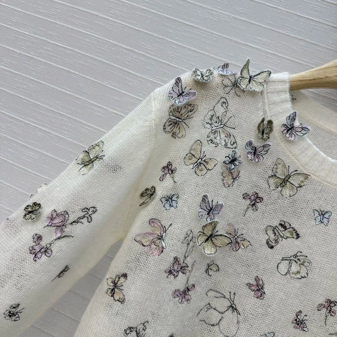New Spring Fashion 3D Embroidery Butterfly Sweet Thin Sweater Women O-neck Long Sleeve Wool Silk Yarn Knitted Pullover