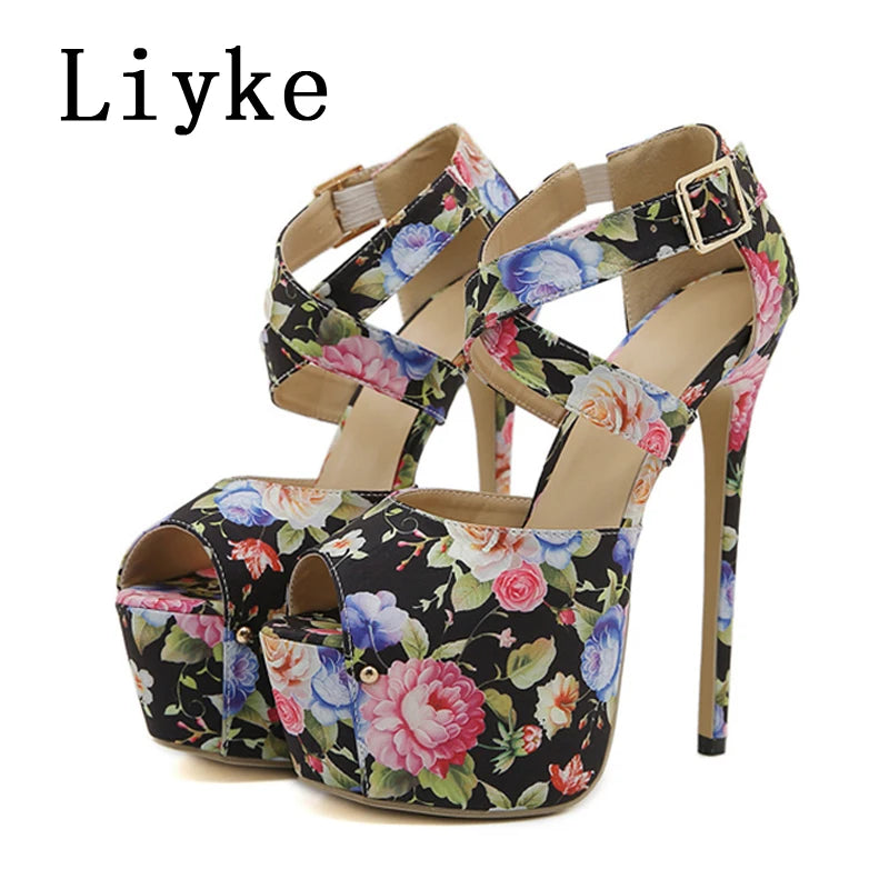 Liyke Runway Sweet Style Sexy Peep Toe 16CM Extreme High Heels Strip Pole Dance Shoes Fashion Print Flowers Platform Women Pumps