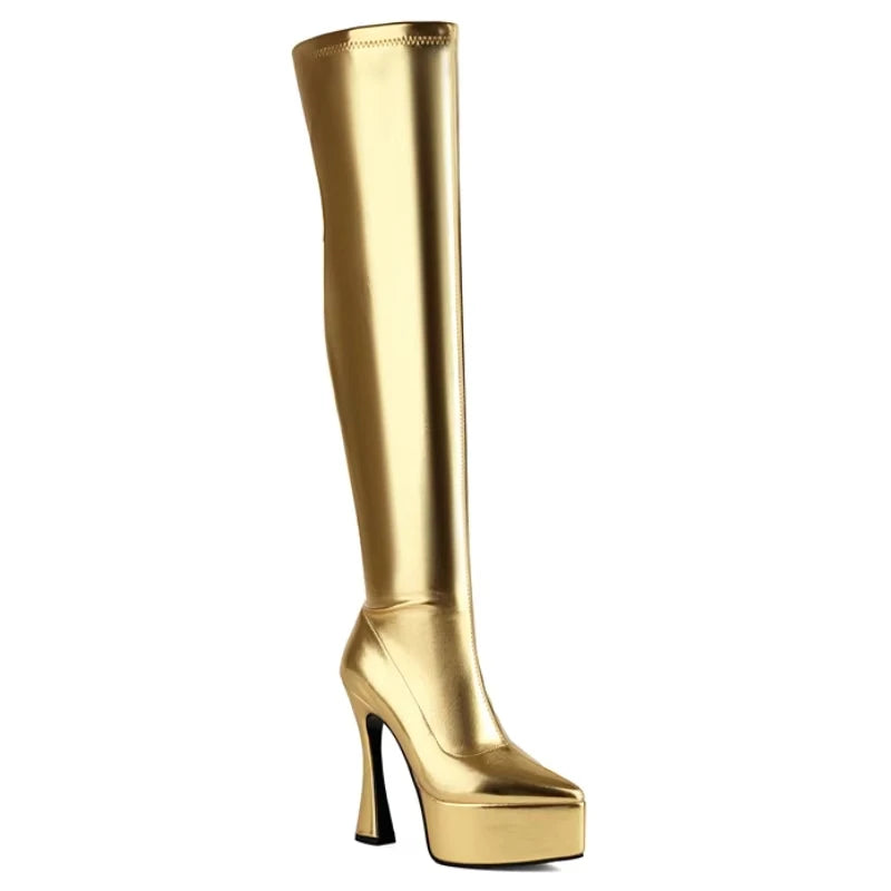 SGESVIER Super Thin High Heels Over-the-knee Boots for Women Chunky Golden Platform Shoes Pointed Toe Size 48 Trendy Party Boots