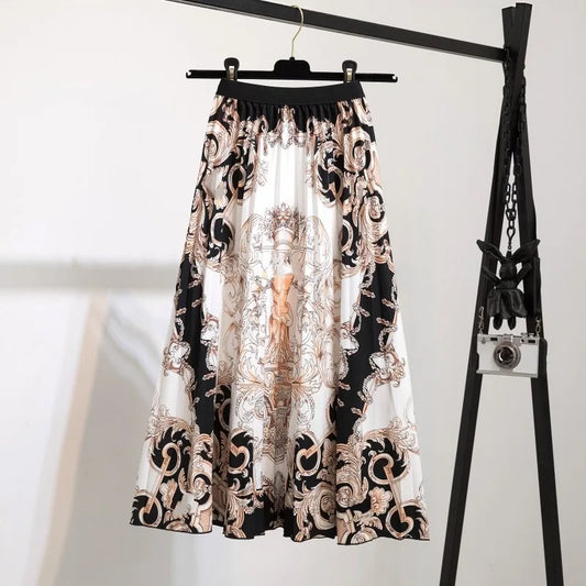 2026 New Fashion Summer Cartoon Pleated Skirts Womens Print High Waist Elastic Midi-Calf Long Skirt Female Young Party Rok Jupe