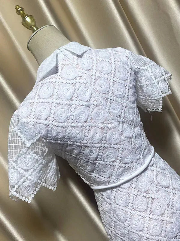 QMQA Fashion Women's Evening Dress Lapel Short Sleeve Lace Patchwork 3D Flower Lace-up Elegant Dresses Spring 2025 New QM269