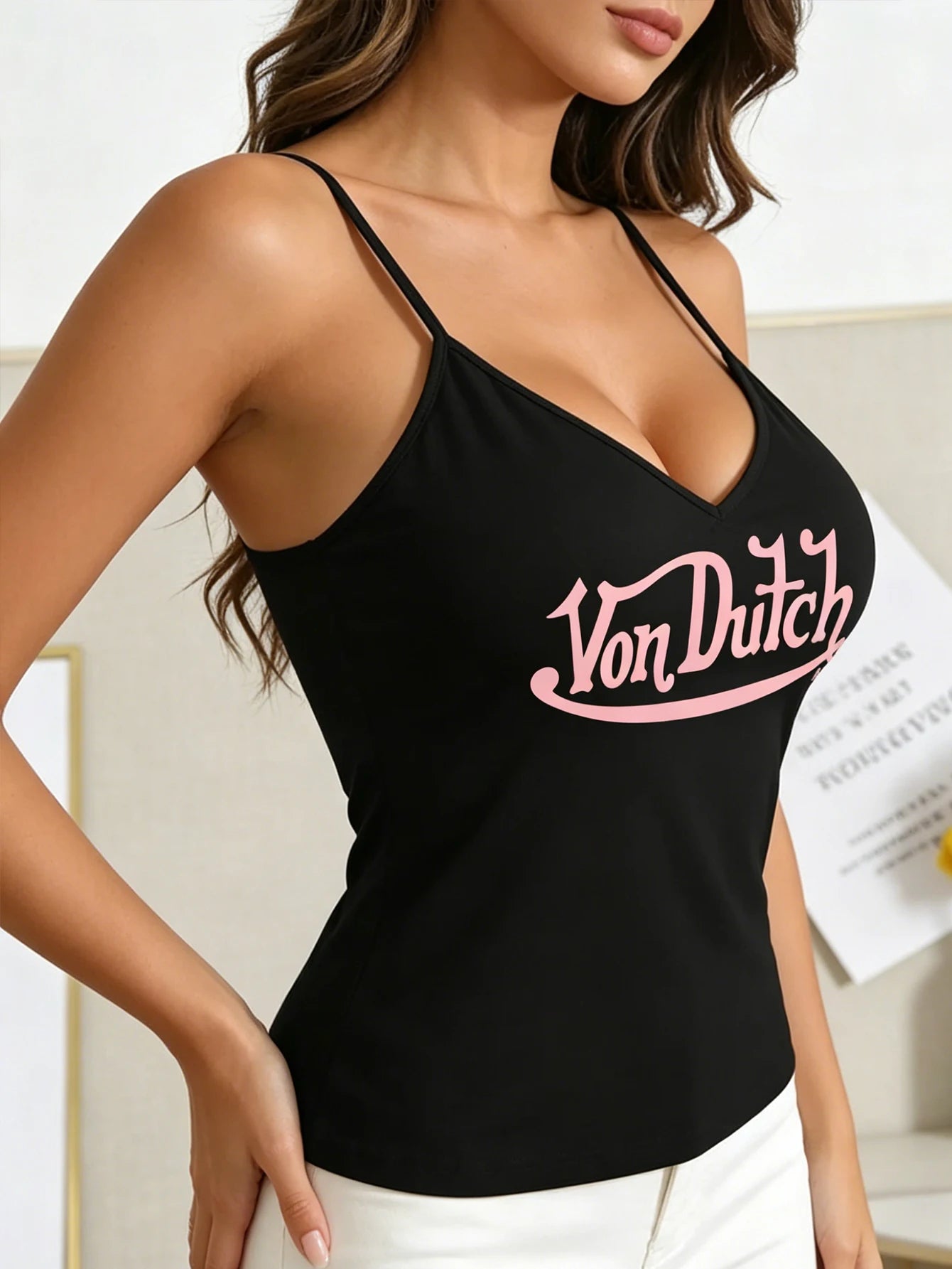 Women's Y2K vintage sweet-cool pink logo print black V-neck strapless halter top