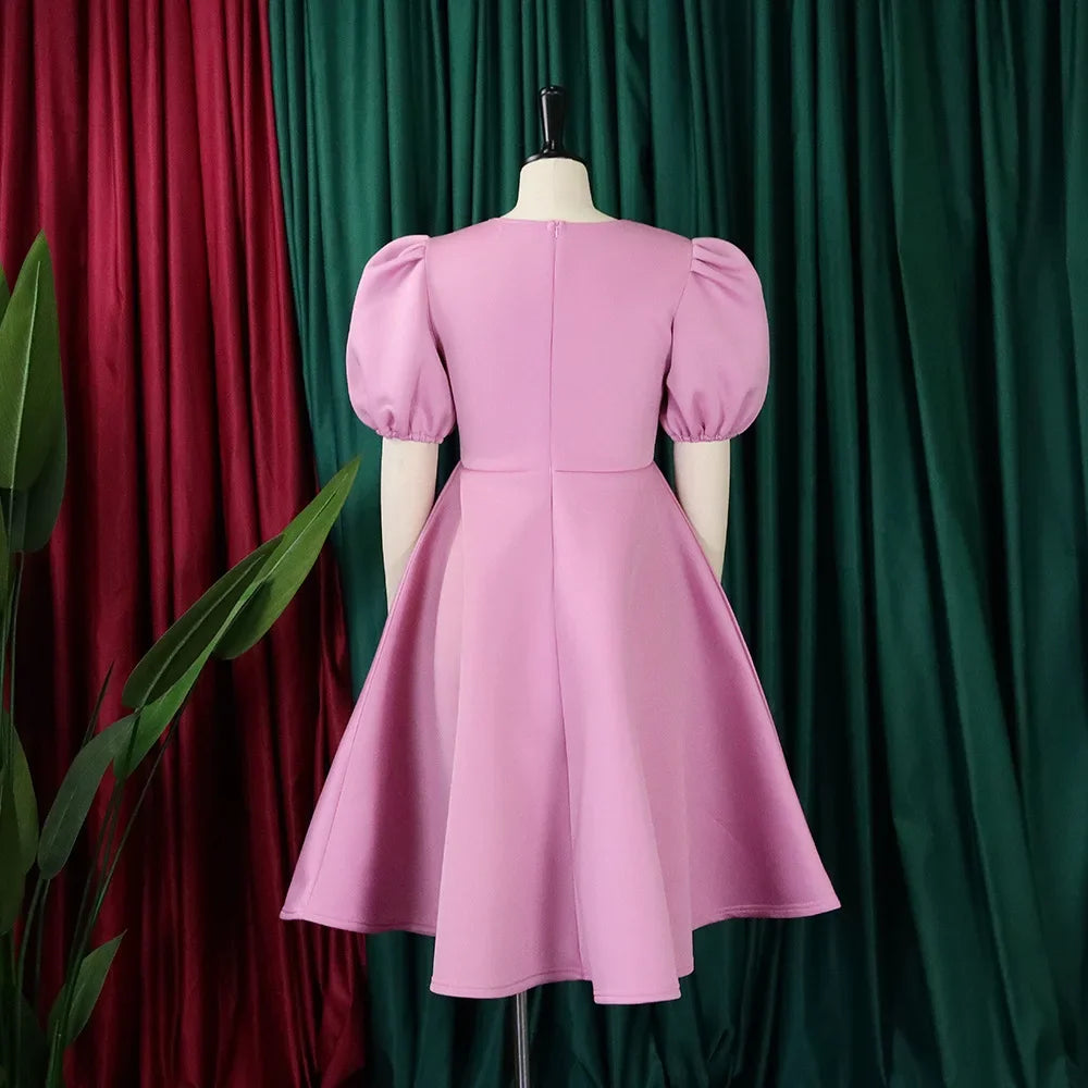 Elegant Dresses for Woman 2024 O Neck Short Sleeve High Waisted Pleated Mid Calf Luxury Female Birthday Party Dinner Vestidos