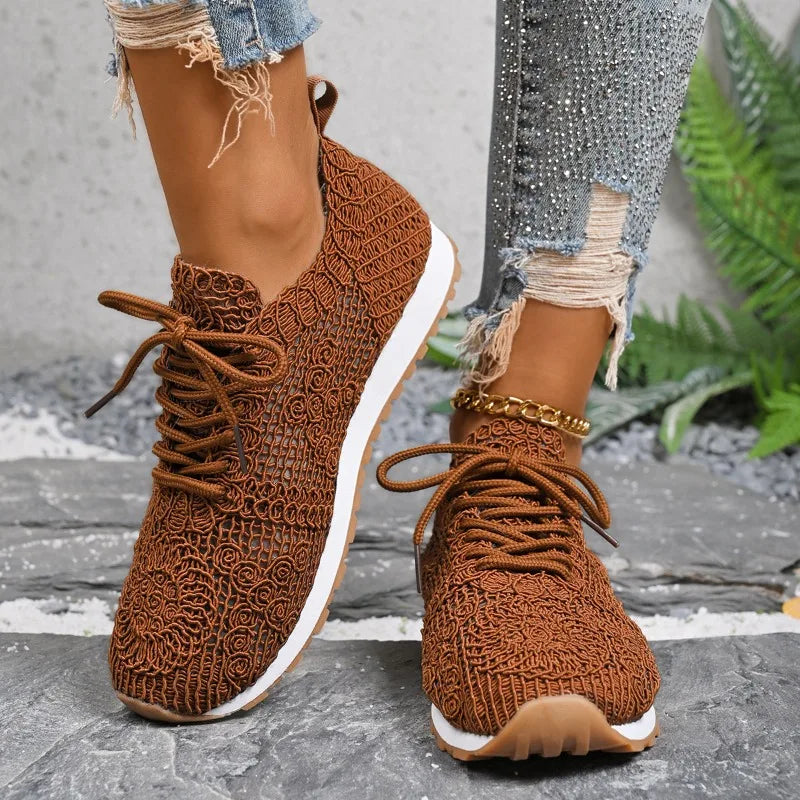 2026 Brown Knit Breathable Womens Sneakers Shoes New Platform Flats Woman Plus Size 43 Non Slip Casual Shoes Mesh Tenis De Mujer