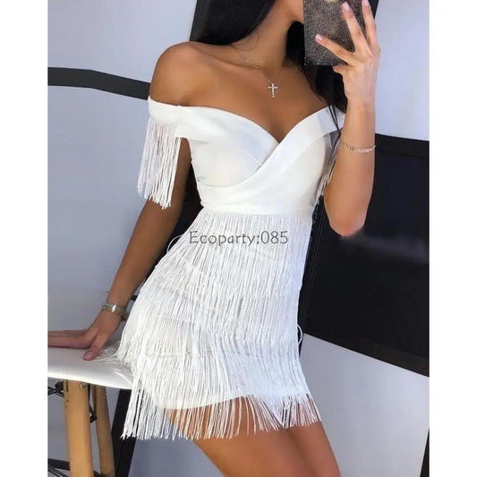 Women Evening Dresses Sexy Big V Neck One-shoulder Fringed Skirt Ladies Temperament Slim Dress Short Sleeve Club Dress Vestidos
