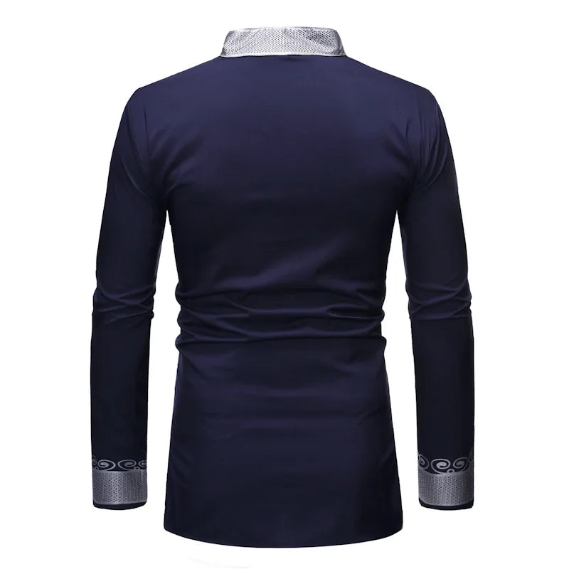 Men's Shirts Fashion Long Sleeve African Turkish Chieftain Print Robe Male Casual Blouses Traditional Ethnic Style Muslim Shirts