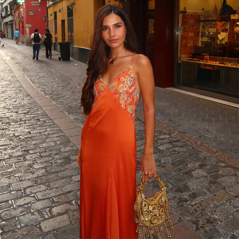 Sexy Women's Sequined Flower Long Orange Sling Dress Deep V Neck Sleeveless Backless Dresses 2026 Summer Holiday Party Robes New