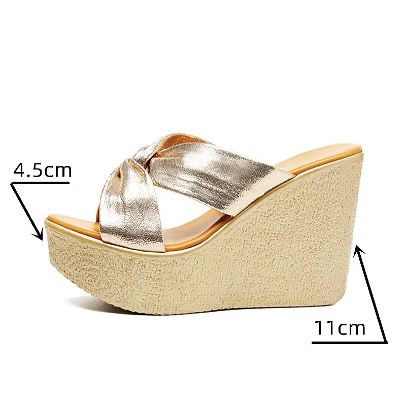 High quality summer wedge sandals for women 8cm 11cm high heel new 2024 size 32 33 43 platform open toe elegant shoe black gold