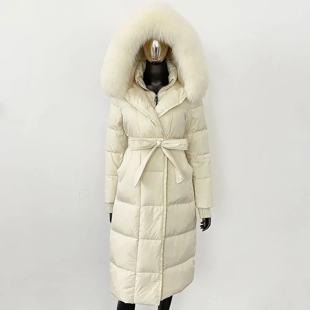 Down Jacket Women Winter Real Natural Fox Fur Hooded Detachable Collar Belt White Goose Down Coat Long Casual Elegant Overwears