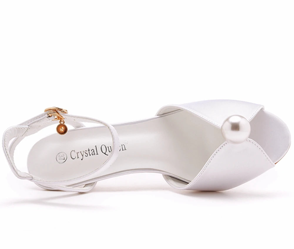 Crystal Queen Banquet Dress Sandal White Silk Pearl Lady Wedding Shoes Women Stiletto Open Toe 6CM High Heels