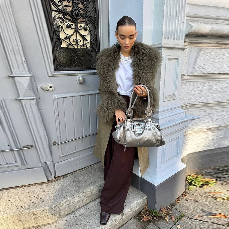 Vintage Patchwork Women's Faux Fur Trim Coat Urban Lapel Full Sleeve Female Jacket Female 2026 Autumn Winter Lady Streetwear New