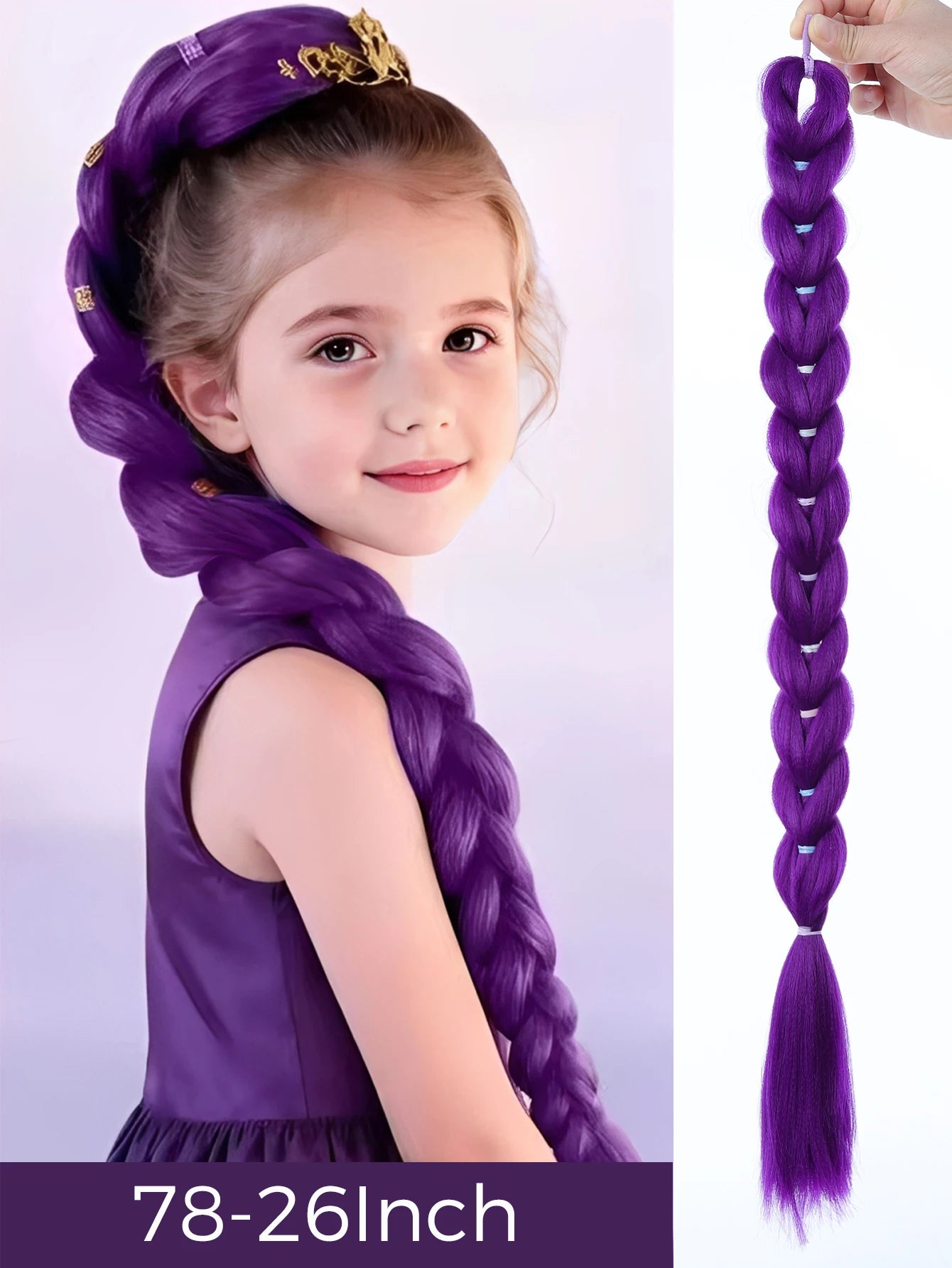Synthetic 26inch Long Ponytail with Clips Braided Purple Hair Ponytail Rumi Costume Hairstyle for Kids Girls Halloween Christmas