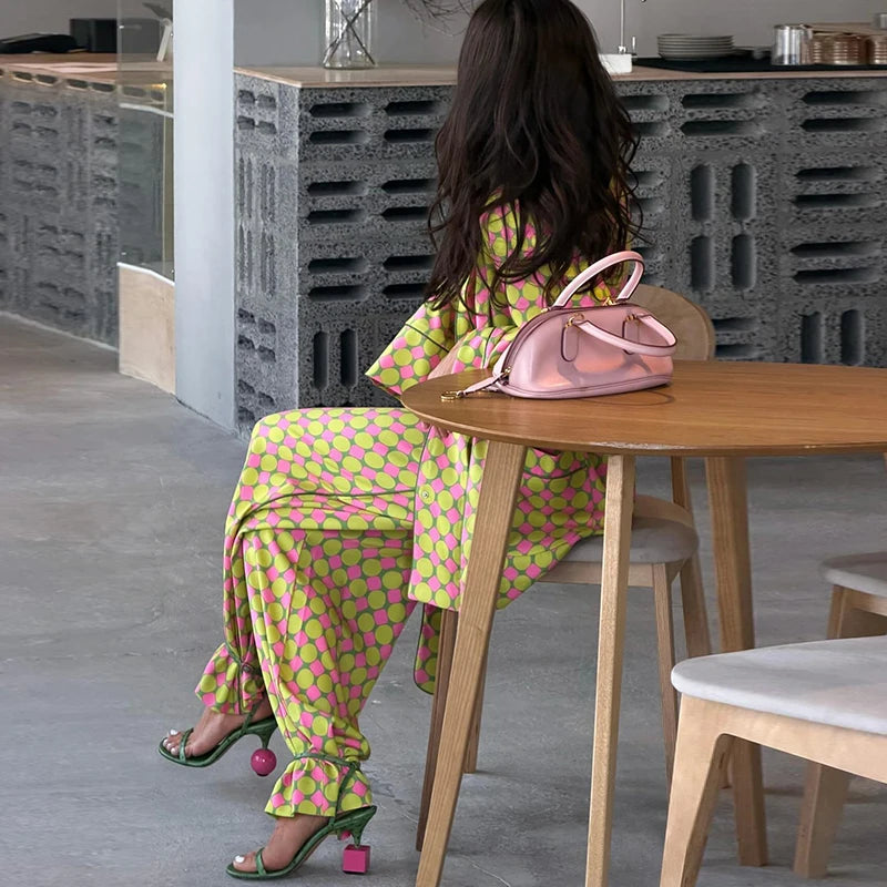 Casual Plaid Women's Blazer Pant Suits Scarf Collar Long Sleeve Button Shirt Pleated Wide Leg Trousers 2026 Summer Female Set