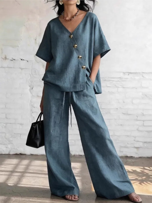 Casual Cotton Loose Pants Sets Women Summer 2026 Fashion Short Sleeve V-neck Tops And Wide Leg Pant 2 Piece Set Woman Outfits