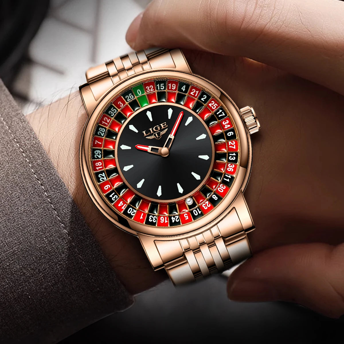 LIGE 2025 Creative Luxury Watches Men Roulette Game Dial Fashion Mens Watch Waterproof Luminous Steel Quartz Wristwatches Relojs