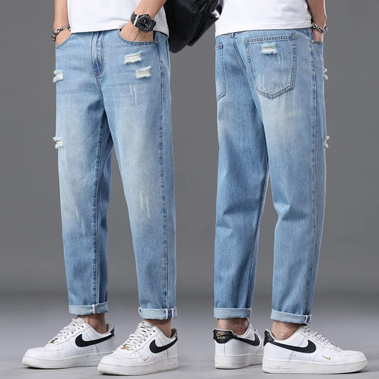 2026 Spring Summer Men's Ripped Jeans Cotton Trendy Straight Casual Denim Pants Trousers Outdoor Pastoral Outing