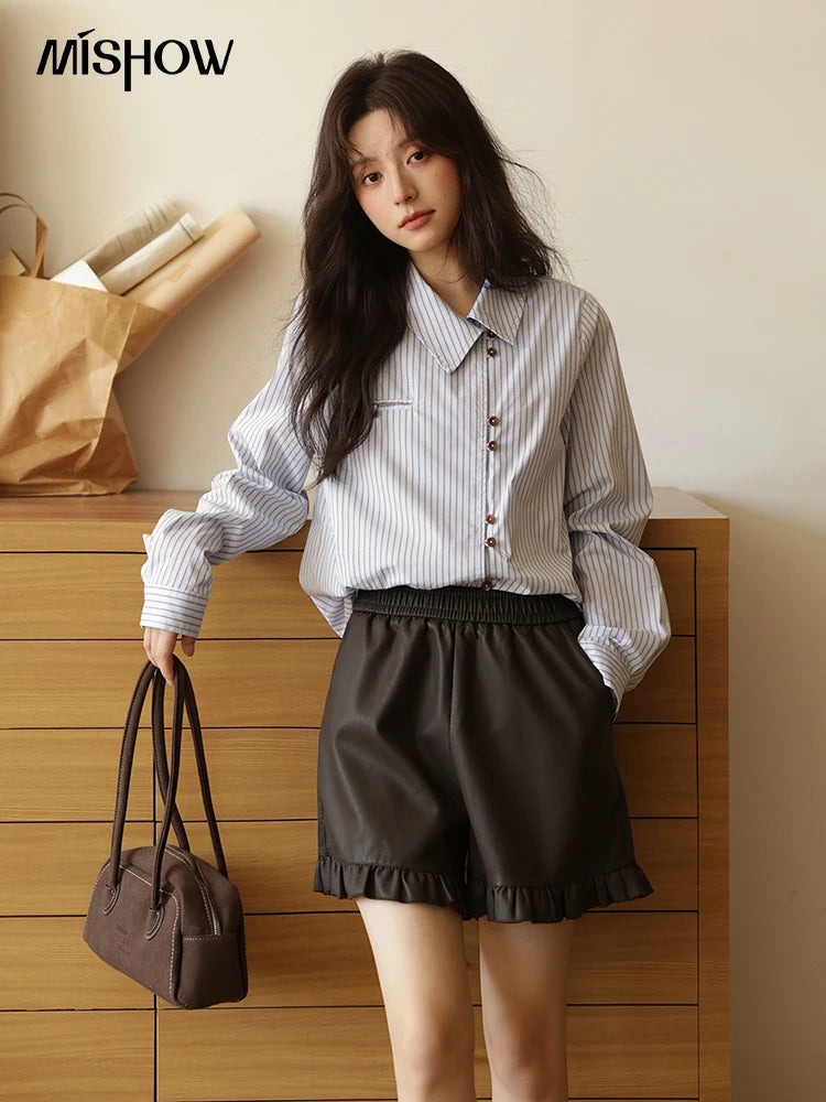 MISHOW Women's Striped Asymmetric Shirt 2025 Autumn New Arrival Vintage Loose Long Sleeve Tops Commuter Woman Clothes MXE42C2375 BAZAARHUBO