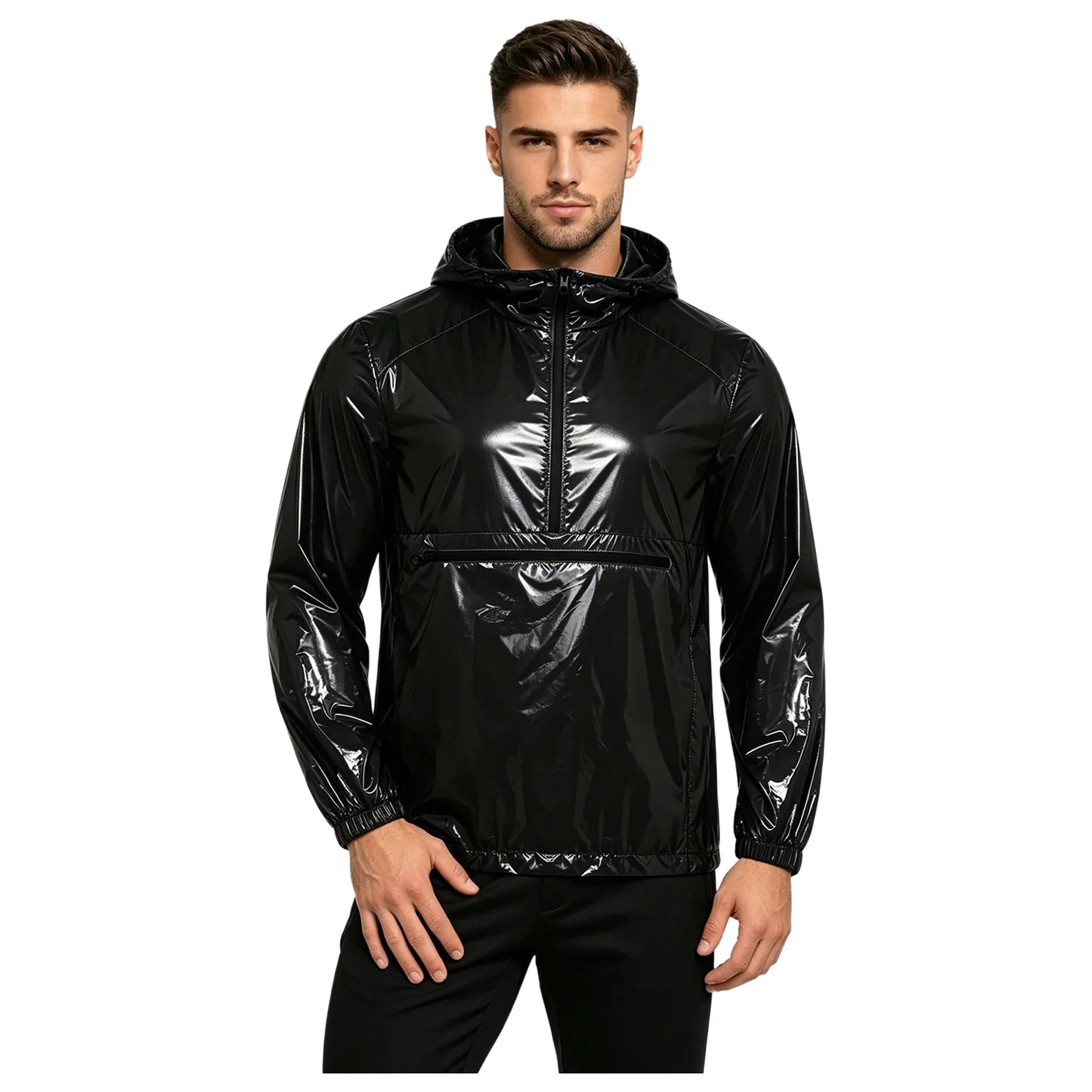 Men Shiny Glossy Hooded Jacket Windbreaker Raincoat for Hiking Fishing Biking Long Sleeve Front Zip-up Drawstring Hood Outerwear