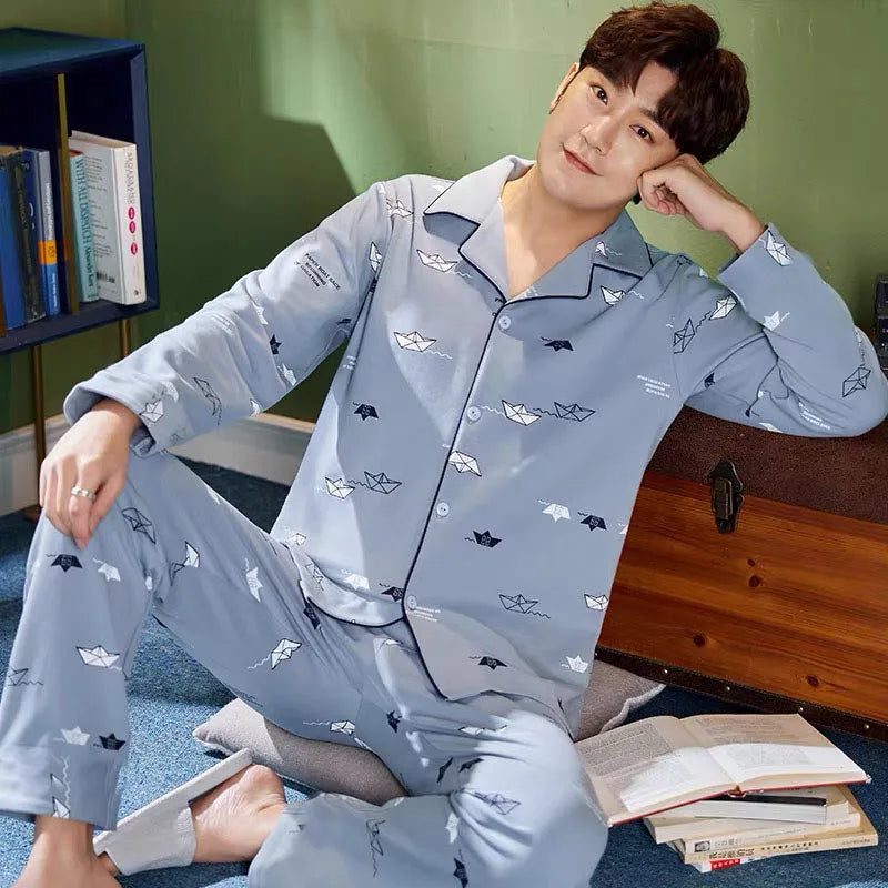 Pajamas for Men Spring and Autumn Long-Sleeved Young Men's Simple Casual Lapel Autumn and Winter Home Wear Set