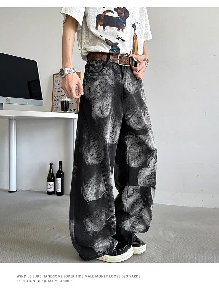 Straight Loose Fit Printed Streetwear Jeans Unisex Urban Fashion Trendy Casual Denim Pants mens Hip Hop Oversized Comfort 2023