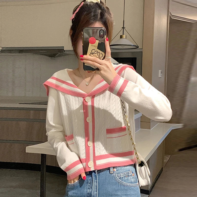 Knitted Spring Preppy Style Sailor Neck Women's Knitted Cardigan Elastic Wide Leg Pants Long Sleeve Korean Sportswear Set