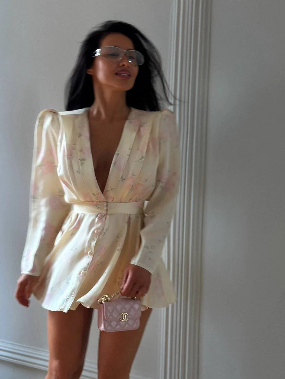 Elegant Floral Printed Waist-cinched Mini Dress Women Pleated Deep V-neck Long Sleeve Button-front Dresses Fashion Party Robe
