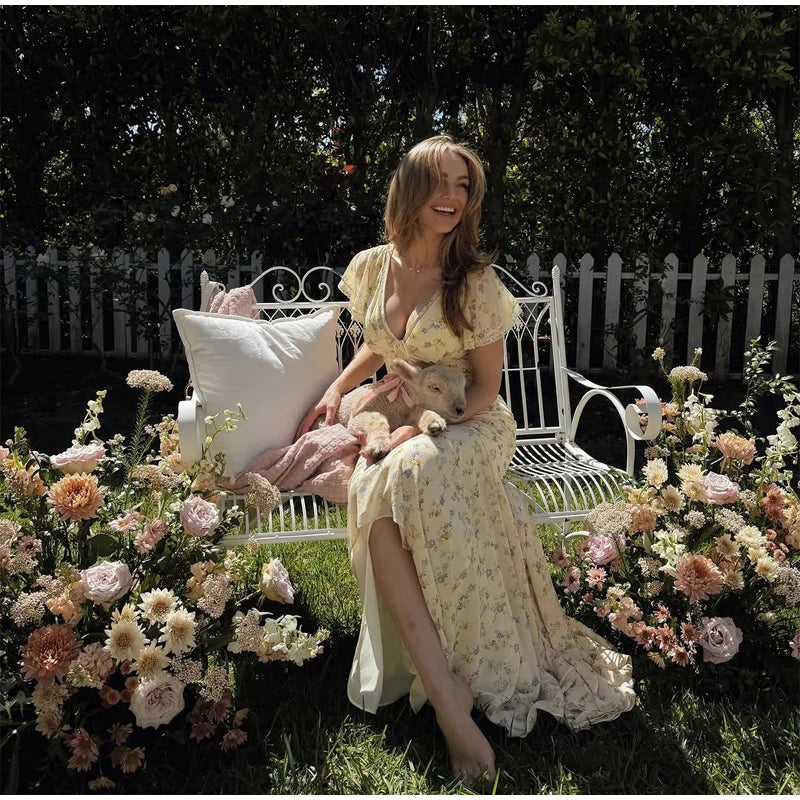 Chic Floral Puff Sleeve Women Maxi Dress Sexy V Neck Button Down Ruffle Slit Vestidos 2026 Summer New Lady Daily Party Sundress