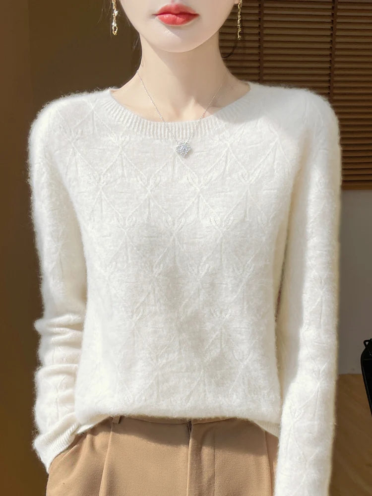 Women 100% Merino Wool Sweater Casual Hollow out Cashmere Blouse O-neck Pullover Tops Autumn Winter Warm Knit Woman Wool Sweater