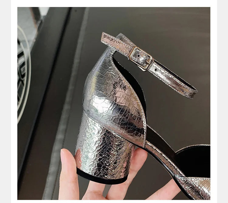 Brand Designer Tabi ninja high heels shoes woman ankle strap silver crack leather pumps split toe D'orsay mary janes shoes woman