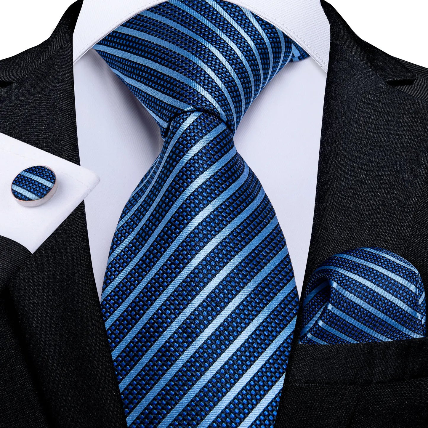 Royal Blue Paisley Plaid Striped Men tie Set with Handkerchief Cufflinks Wedding Prom Groom Accessories Perfect Gift for Men BAZAARHUBO