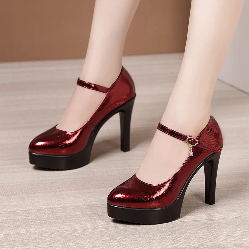 9cm 11cm 13cm Small Size 32-43 Sexy Bright Leather Shoes Women's Platform Pumps 2026 Fall Block High Heels Shoes Model Party