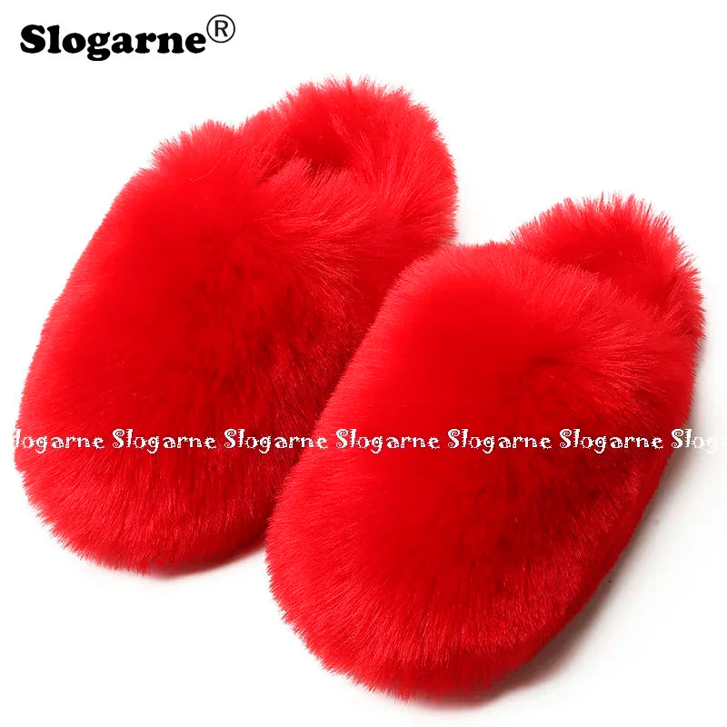 Ladies Winter High Quality Fox Fur Slippers Women Warm Fur Slides Girls Luxury Furry Slippers Soft Comfortable Home Cotton Shoes