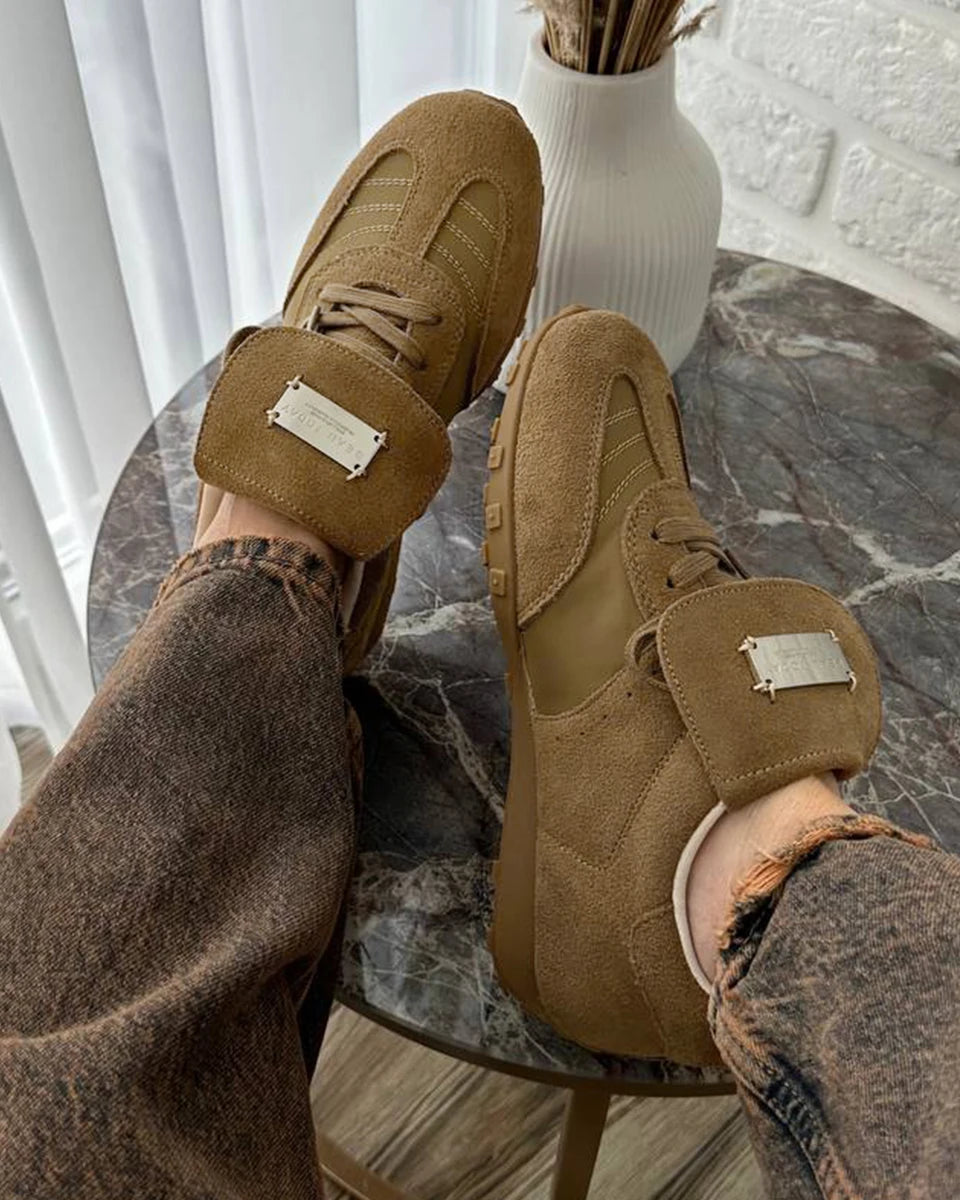 BEAUTODAY Fashion Trainers Women Cow Suede Sneakers Metal Buckle Leather Flats Lace Up Female Casual Shoes Handmade 29897