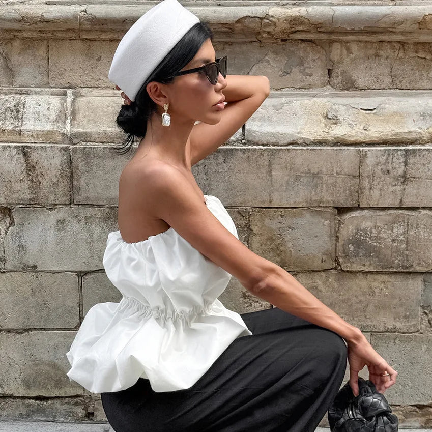 SuperAen European and American Style Fashion Design Sexy Top Unique Design Summer 2026 New White Folds Slimming Tops