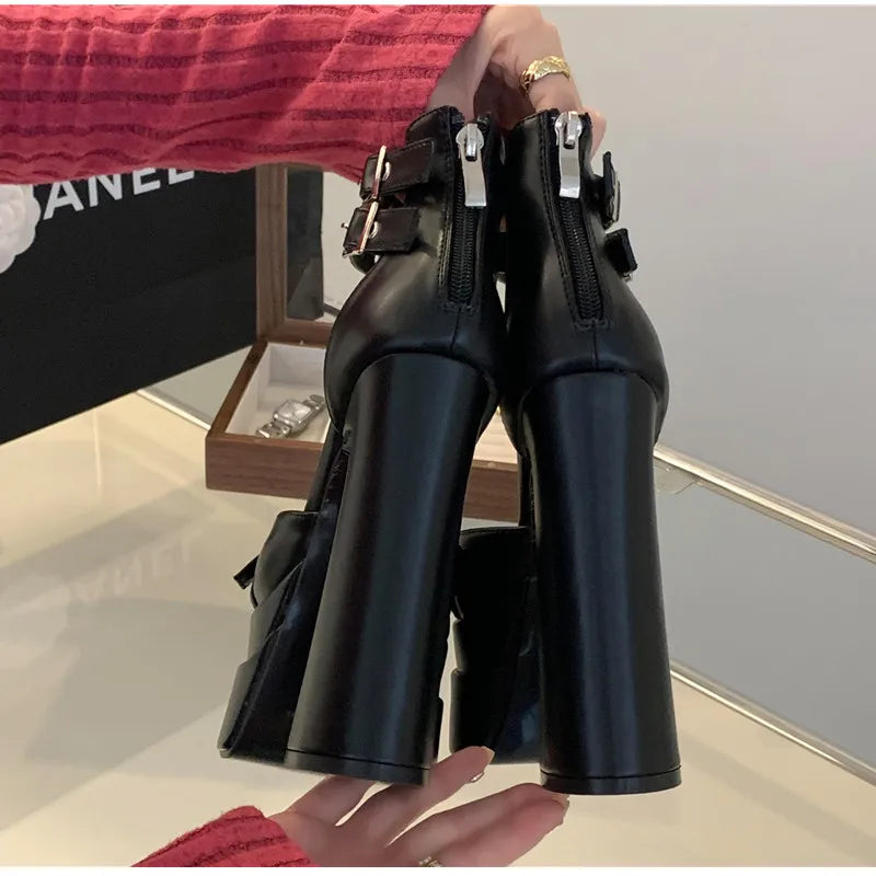 Runway style 15cm Ultra High heels Platform Wedges Women Pumps Fashion Rivet Ankle Strap Thick Heeled Spring Summer Chunky Shoes