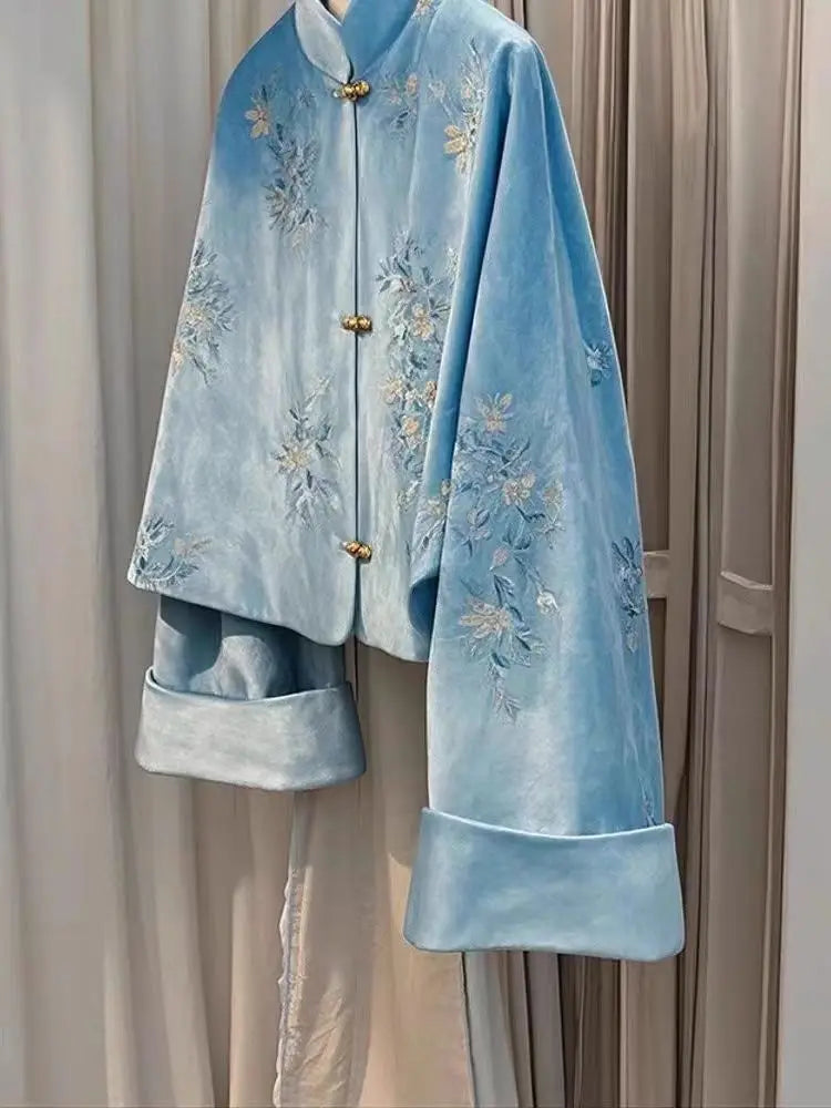 Winter Coat New Chinese Style Standing Collar Tang Suit Blue Embroidered Velvet Jacket Women Clothing Loose Short Coat Women Top