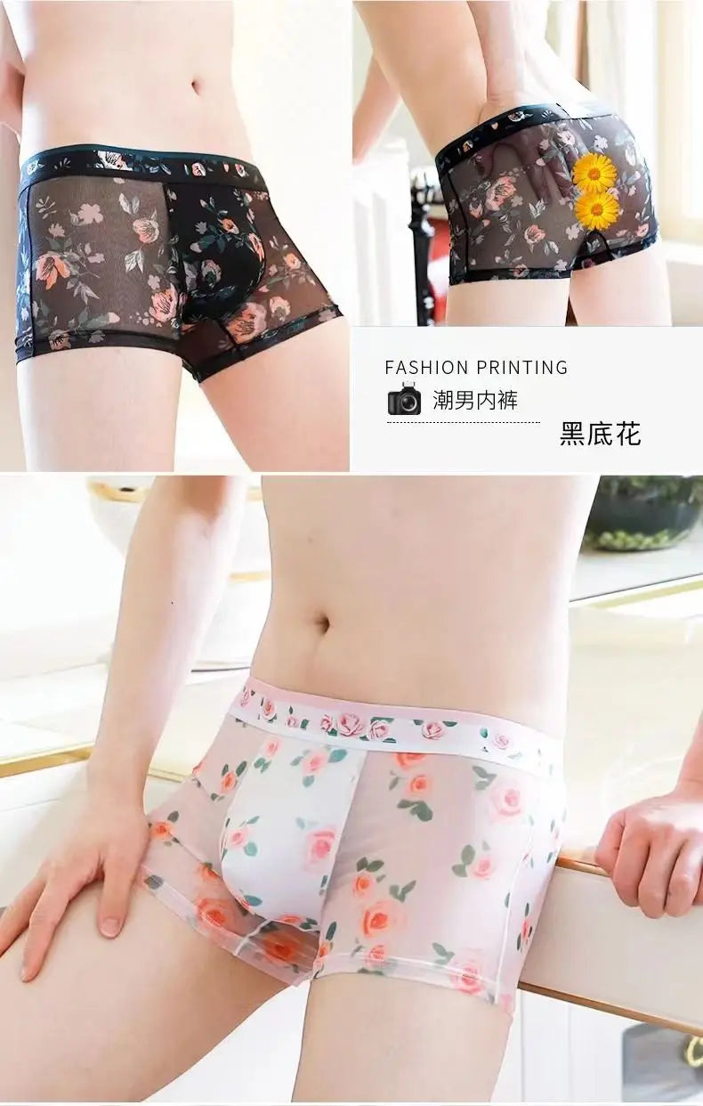 1pcs Sexy Mesh Boxer Men Underwear See Through Transparent Shorts Male Print Panties Plus Size Underpants U Convex Lingerie 6XL