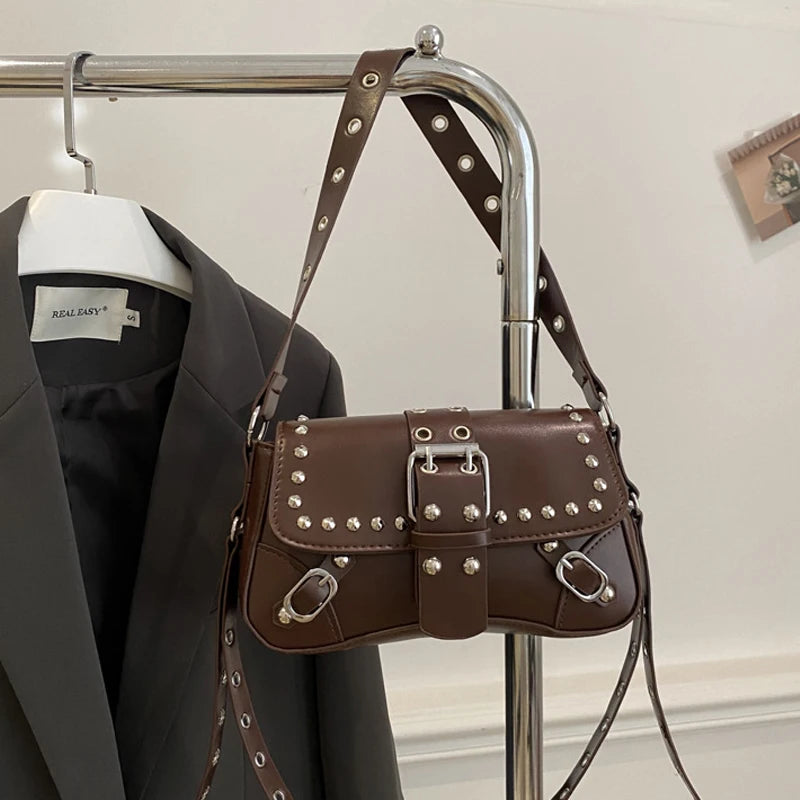 Shoulder Bag for Women Punk Style Purse PU Leather Rock Fashion Handbags with Rivet Small Trendy Armpit Purse