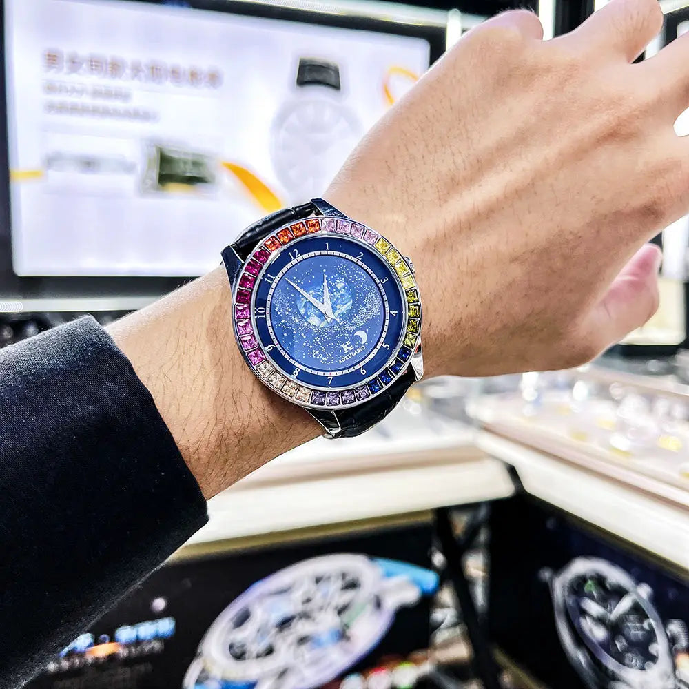 Fashion Starry Sky Luminous Mechanical Watch for Men Leather Steel Strap Luxury Brand Business Automatic Mens Watches AOKULASIC