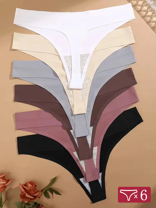 6PCS Women's S-XL Seamless G-String Underpants Low Rise Solid Color Ice Silk Undewear Female Traceless Soft Comfortable Lingerie