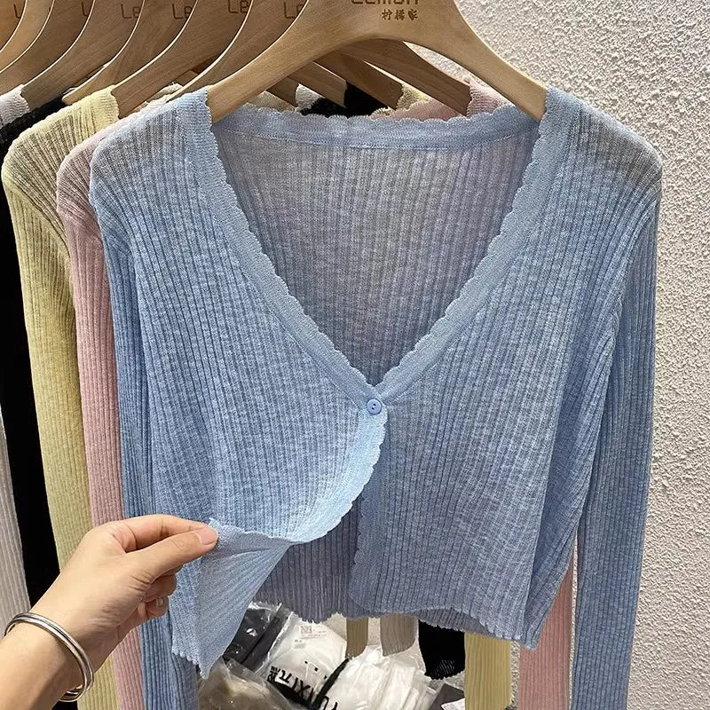 Pastel Crop Cardigan for Women Long Sleeve Button Front Lightweight Knitted Cardi Jacket Top Teen-girl Basic Outfit