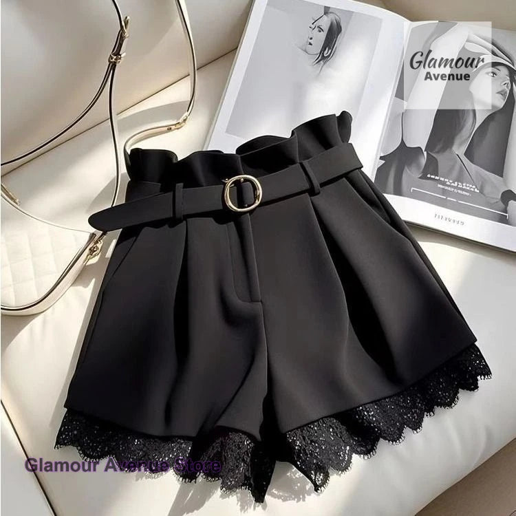 Korean-style fashion lace skirt pants female spring and autumn new slim fashion temperament high waist casual Joker short pants.
