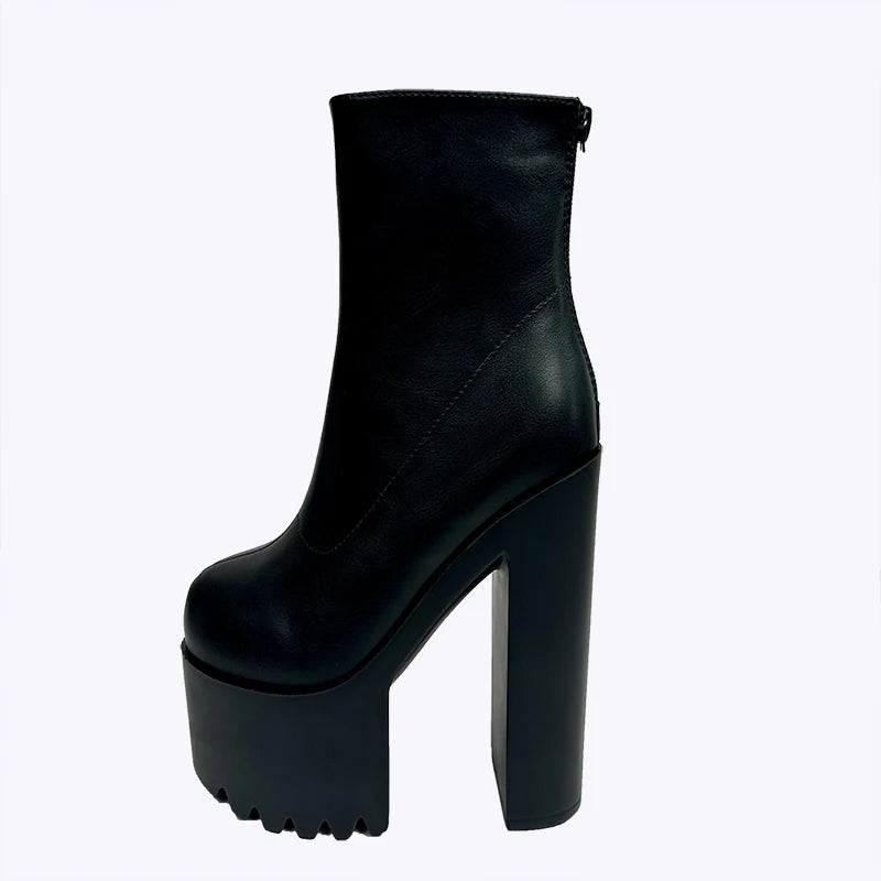 16CM Super High Heels Motorcycle Boots New Square Heel Platform Women Ankle Boots Sexy White Pleated Back Zipper Short Boots