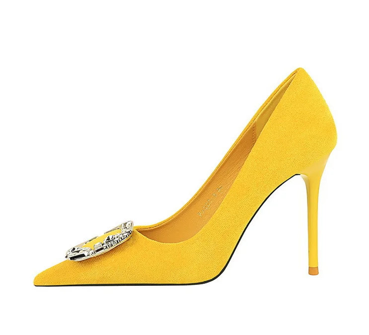 BIGTREE Shoes Metal Rhinestone Belt Buckle Women Pumps Suede High Heels Luxury Banquet Shoes Sexy Party Shoes Women Stilettos