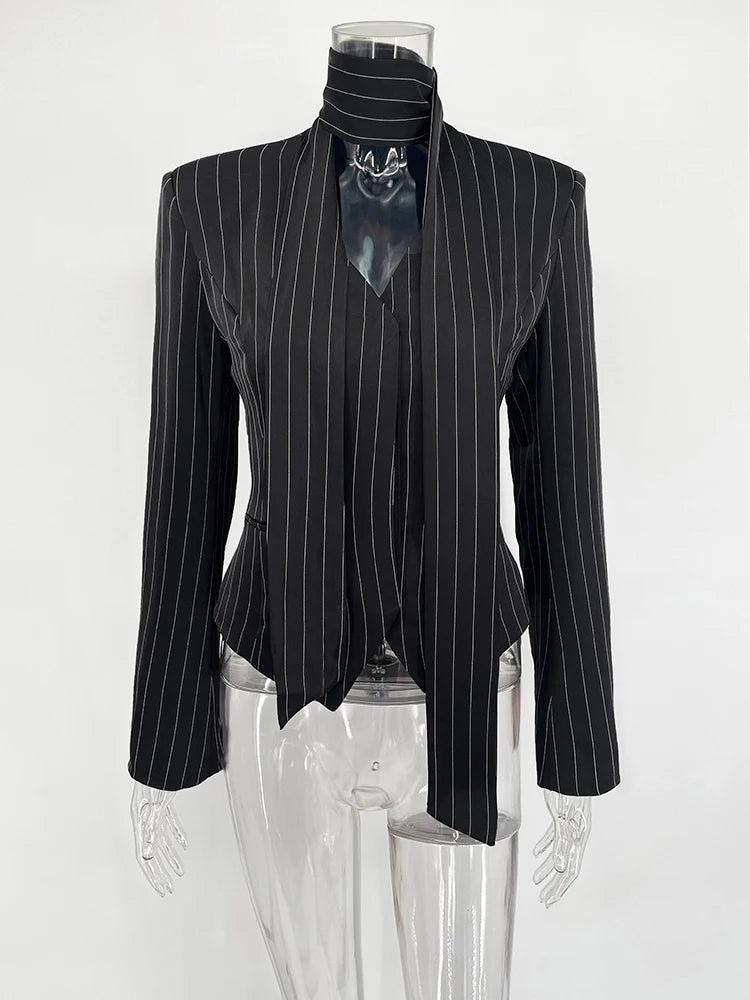 Taruxy Striped Print Vneck Ribbon Suit Coat For Women Long Sleeve Office Blazer