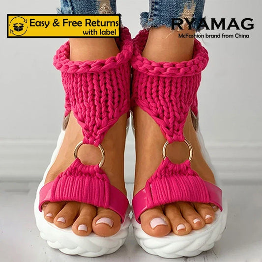 Sandals Women's Braided Knit O-Ring Cutout Platform Summer Gladiator Sandals Shoes Thick Heels Ladies White Sandalias Casual