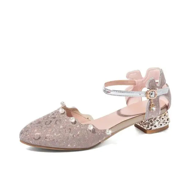 Princess Kids Leather Shoes Girls Sandal Sweet Pearl Casual Glitter Children High Heels Girls Party Dance Shoes Pink Gold Silver