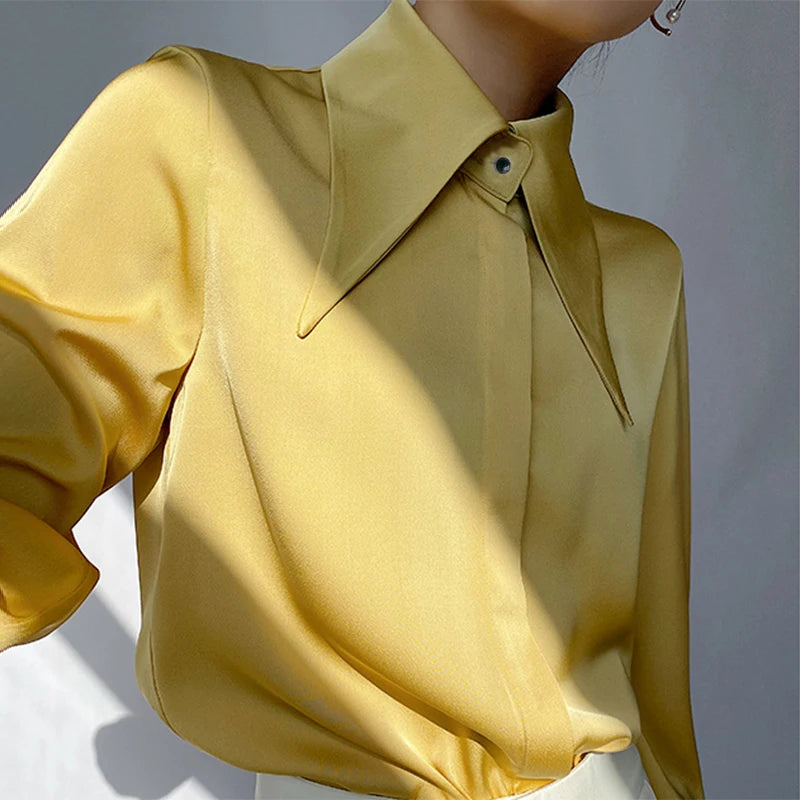 Stylish Elegant Turn Down Collar White Long Sleeve Satin Shirts Fashion Woman Vintage Blouse 2024 Office Lady Tops Blusas 16946